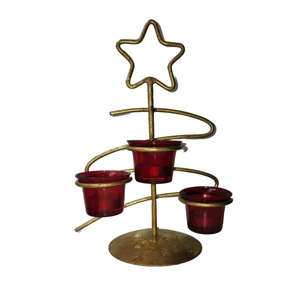 Gold Metal Brushed Christmas Tree W 3 Tea Lights 12" Tall